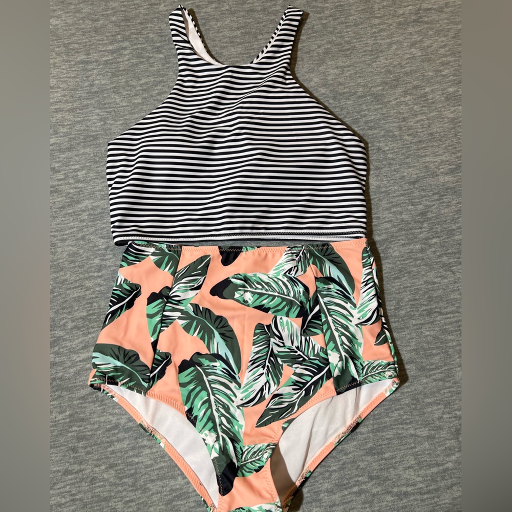High-Neck Black & White Striped Bikini Top with Peach Tropical High-Waist Bottom